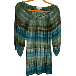Nomadic Traders Smocked Peasant Top Blouse Shirt Tunic Tie Dye Green S